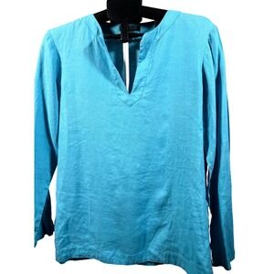 Lauren Ralph Lauren Blue Linen Blend Tunic Top Split Neck Long Sleeve Women M